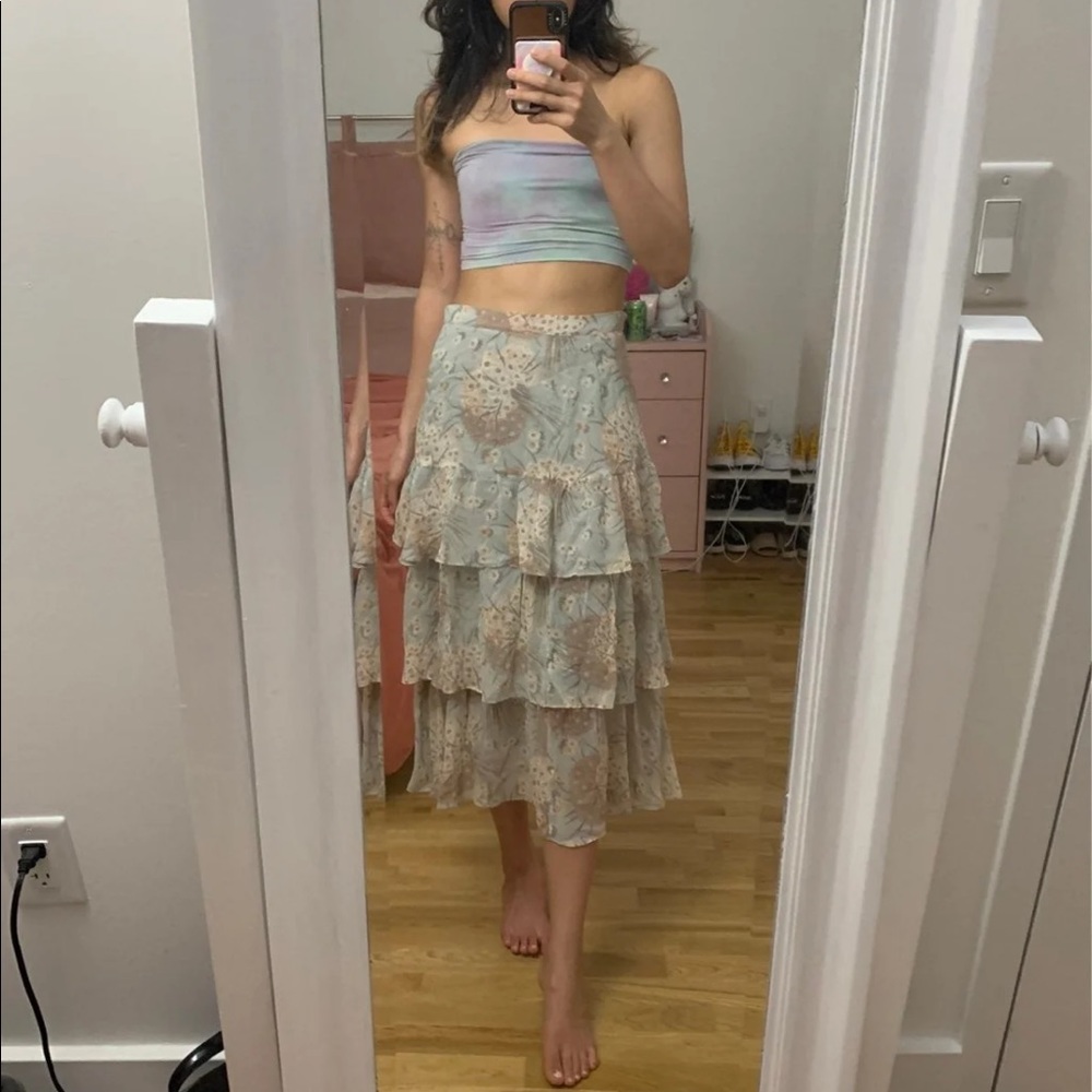 NWOT LoveShackFancy maxi silk floral ruffle layered skirt